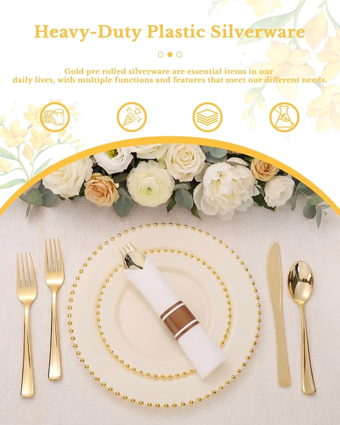 Supernal 60 Pack Pre Rolled Napkins with Gold Plastic Silverware - 60 Sets Elegant Disposable Wrapped Cutlery: Heavy Duty Gold Forks, Knives, Spoons for Weddings, Parties, & Catering Events