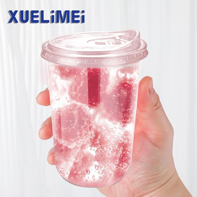 16oz Disposable Stemless Glasses With Strawless Sip Lids,PET Disposable Drinking Cups,Clear Plastic Wine Glasses for Parties Birthday,Wedding,Meeting,Christmas Party Supplies (50, Pink)