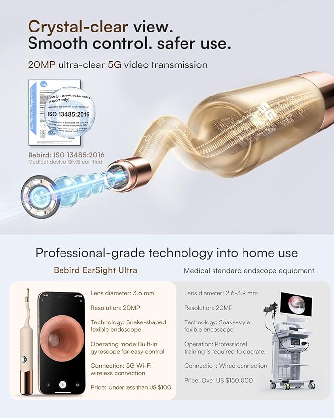 Bebird Earsight Ultra Ear Wax Removal Kit,2K HD Visual Ear Cleaner with Camera,FSA/HSA Eligible Flexible Ear Camera with 90-Minute Battery & Enhanced Light,Ear Cleaning Tool for Adults & Kids