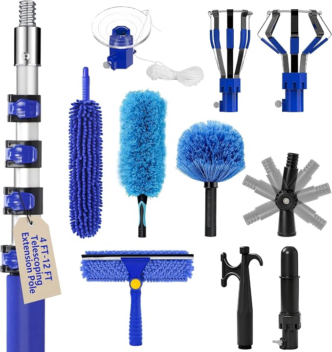 20FT Light Bulb Changer for High Ceilings with 5-12FT Heavy Duty Extension Pole,High Ceiling Fan Duster Extendable Reusable Cobweb,Feather,Window Cleaning Squeegee Kit for Home & House,Interior Roof
