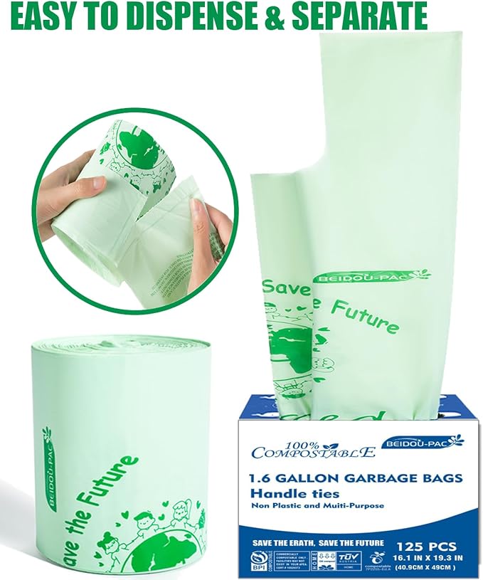 BEIDOU-PAC 1.6 Gallon Compostable Trash Bags with Handle, 250 Count Small Compost Bags, Biodegradable Kitchen Garbage Bags, Food Scrap Waste Bags for Countertop Bin, ASTM D6400, US BPI Certified