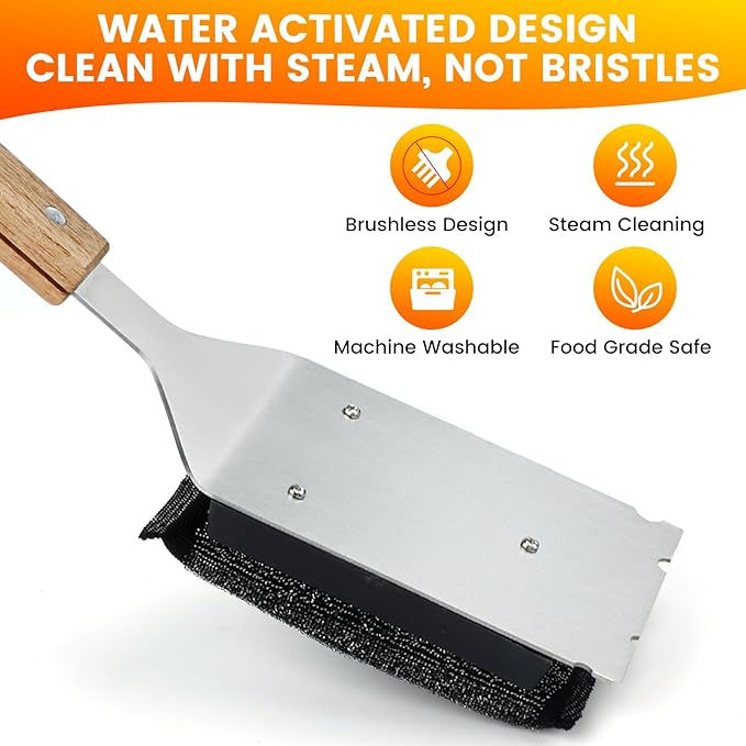 Grill Brush Bristle Free with 2 Replacement Head, Safe Grill Cleaner Brush for Outdoor Grill, BBQ Grill Cleaning Brush Kit Fits for Cast Iron Stainless Steel Grates, Gifts for Men, Dad
