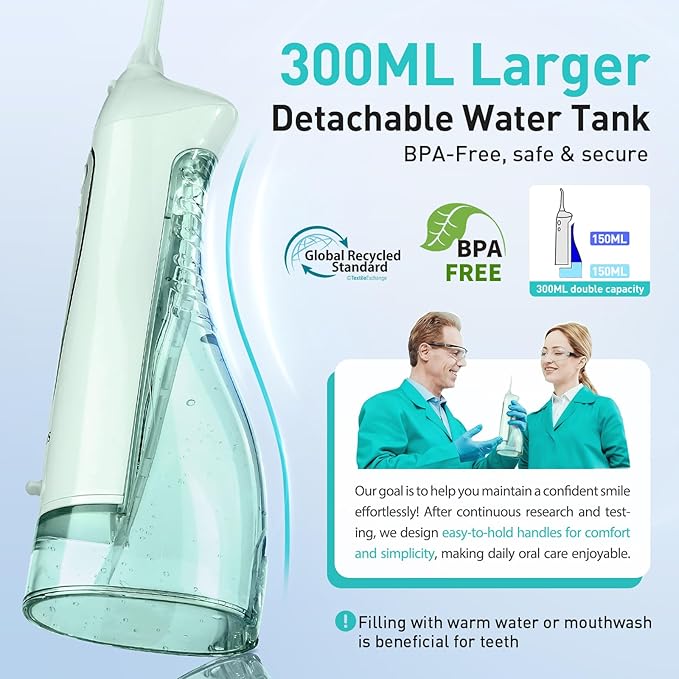 COSLUS Water Dental Flosser Teeth Pick C20: Portable Cordless Oral Irrigator 300ML Rechargeable Travel Irrigation Cleaner IPX7 Waterproof Electric Flossing Machine for Teeth Cleaning, Green