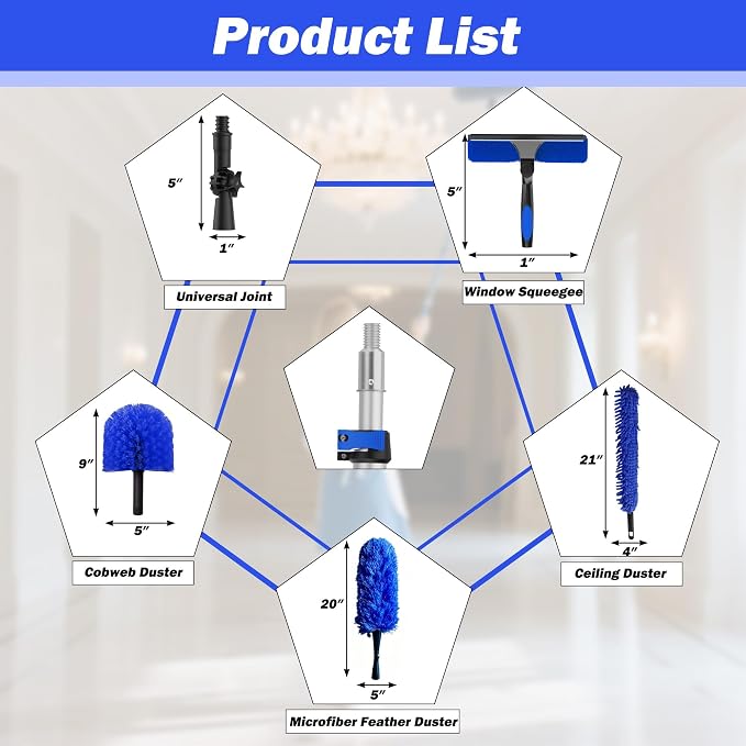26FT Reach Duster Kits, Window Cleaning kit with 5-20FT Telescoping Extension Pole, Cobweb Duster, Washable Fan Duster for Ceiling, Window Squeegee for Glass and Microfiber Feather Duster