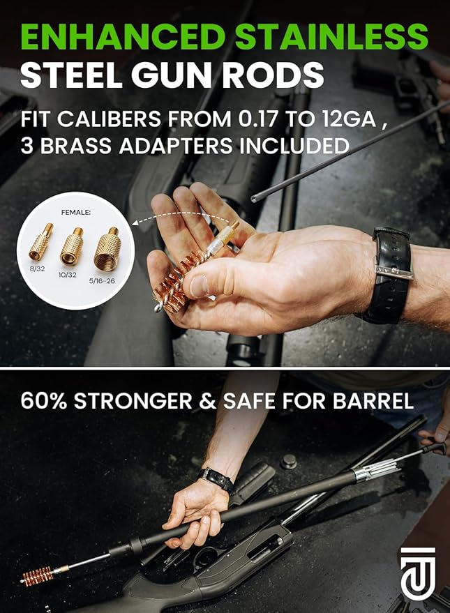 Universal Gun Cleaning Kit for All Guns - Portable Gun Cleaning Kits for Handguns and Rifles, Shotgun, Airsoft - Incl. Stainless Steel Rods, Brass Jags, Gun Cleaning Patches, Cleaning Swabs
