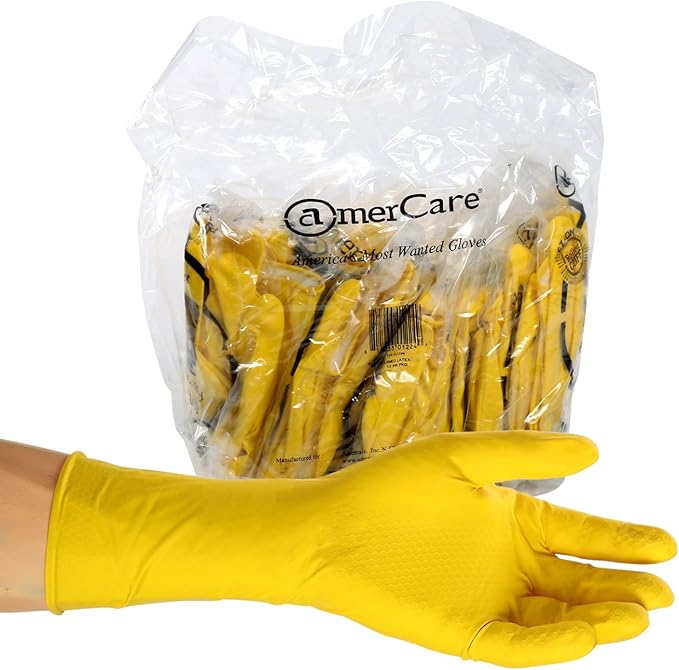 AmerCare Neptune Yellow Household Latex Rubber Gloves for Dishwashing and Cleaning, Medium, Case of 120 Pairs