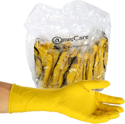 AmerCare Neptune Yellow Household Latex Rubber Gloves for Dishwashing and Cleaning, Medium, Case of 120 Pairs
