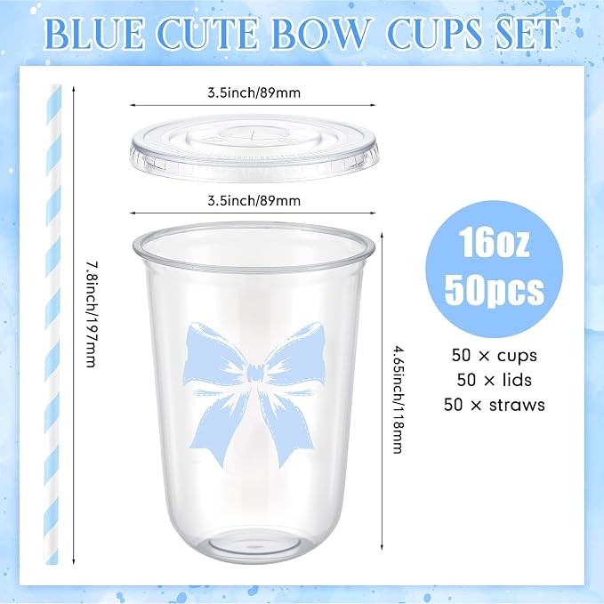 LemonRoad 50sets 16oz Blue Bow Cups Birthday Party Decorations Supplies Cute Plasic Cups Disposable with Lids and Straws for Valentines Galentines Day Christmas Wedding Baby Shower Decorations