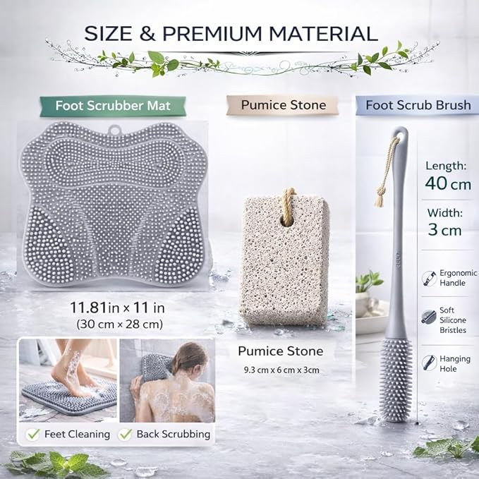 4-in-1 Shower Foot Care Set — Silicone Foot Scrubber Mat with Non-Slip Suction Cups, Natural Pumice Stone, Long Handled Toe Cleaner Brush & Adhesive Hooks — Daily Foot Wash & Bathroom Spa Kit