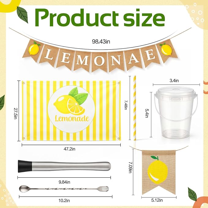 Funnymoom 84 Pcs Lemonade Stand Supplies 34 oz Plastic Lemon Cups with Lid and Straws Lemonade Burlap Banner Tablecloth Stainless Steel Muddler for Summer Lemon Birthday Party Decoration