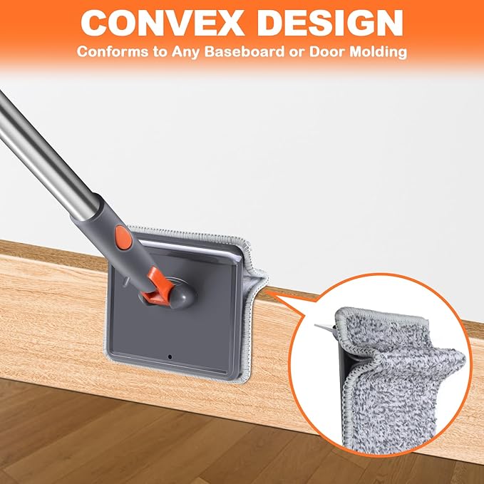 Baseboard Cleaner, PLOEOUAR Convex Duster Cleaning Mop with 63'' Long Handle, 360° Rotatable Adjustable Mop with 6 Reusable Pads for Baseboards Cleaning, Door Frame, Windows & Ceiling