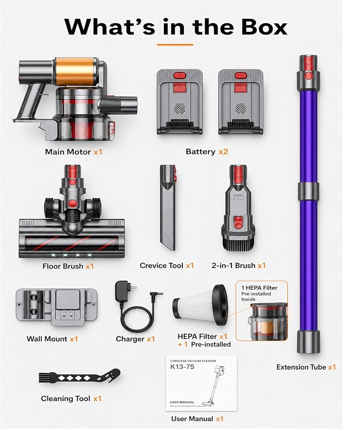 Cordless Vacuum Cleaner, 2 Batteries 120 Mins Runtime, 600W 50KPA Stick Vacuum with Self-Standing, Tangle-Free Brush, LED Display, Vacuum Cleaner for Home Hardwood Floor, Carpet, Pet Hair