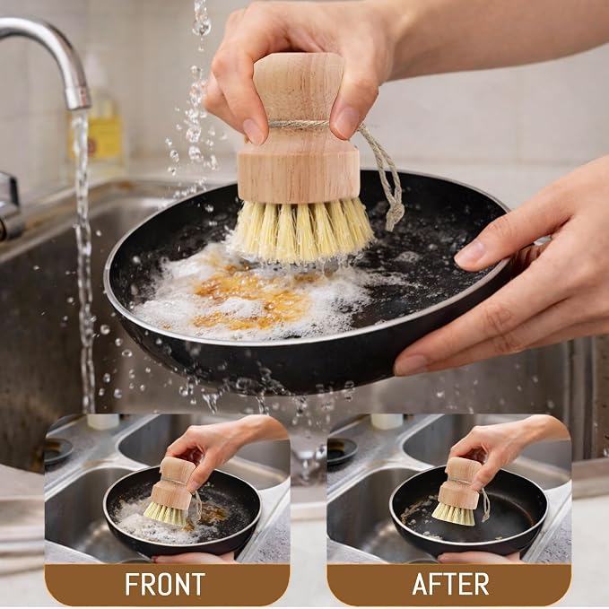 12 Pcs Bamboo Dish Brush Set, Palm Wooden and Sisal Bristles Dish Scrubber, Dish Brushes with Lanyard, Durable Wood Dishes Scrub, Natural Round Vegetable Cleaning Pots Pans Sink Washing Kitchen Brush