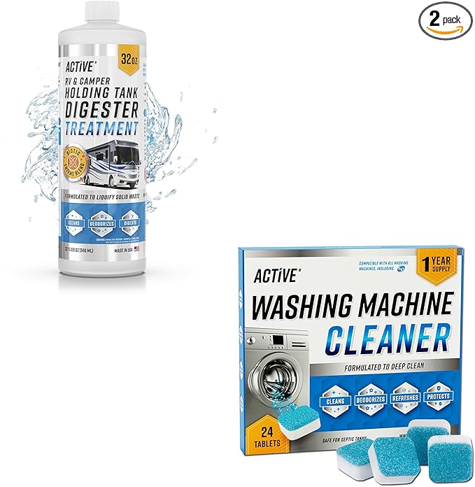 ACTIVE RV Holding Tank Digester Treatment and Washing Machine Cleaner Descaler - Includes 12 Month Supply Washer Cleaner Tablets and 16 RV Black Tank Treatments