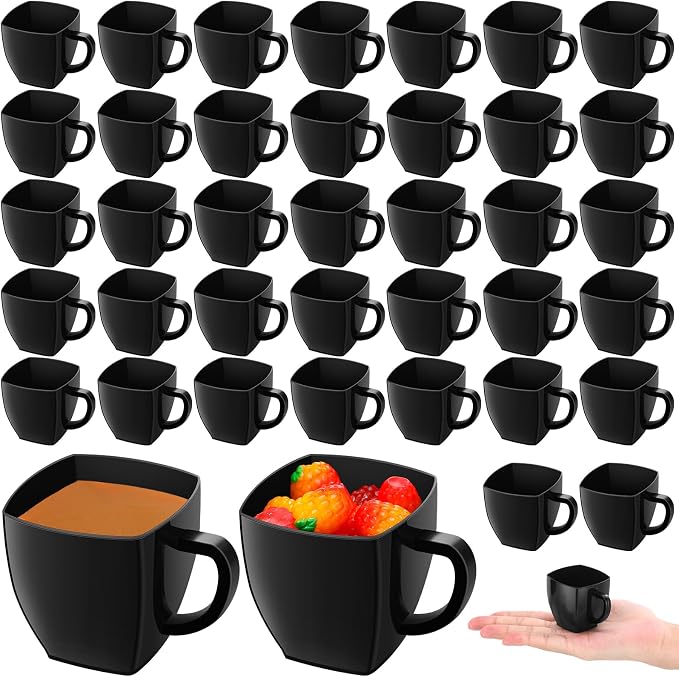 Amyhill 100 Pcs Mini Disposable Tea Cups with Handle, 2oz Hard Plastic Coffee Mug Bulk Plastic Square Disposable Espresso Cups for Wedding Tea Party Catering Dessert Sampling (Black)