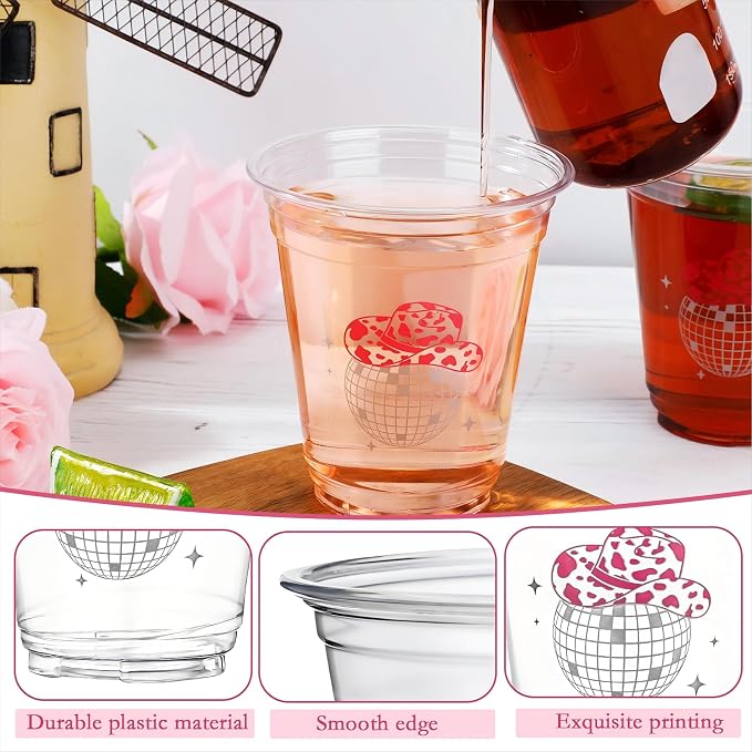 Sliner 100 Pcs Pink Disco Cowgirl Plastic Cups Bachelorette Party Decorations 12 oz Disposable Clear Disco Ball Cups for Bachelorette Birthday Wedding 70s 80s 90s Party