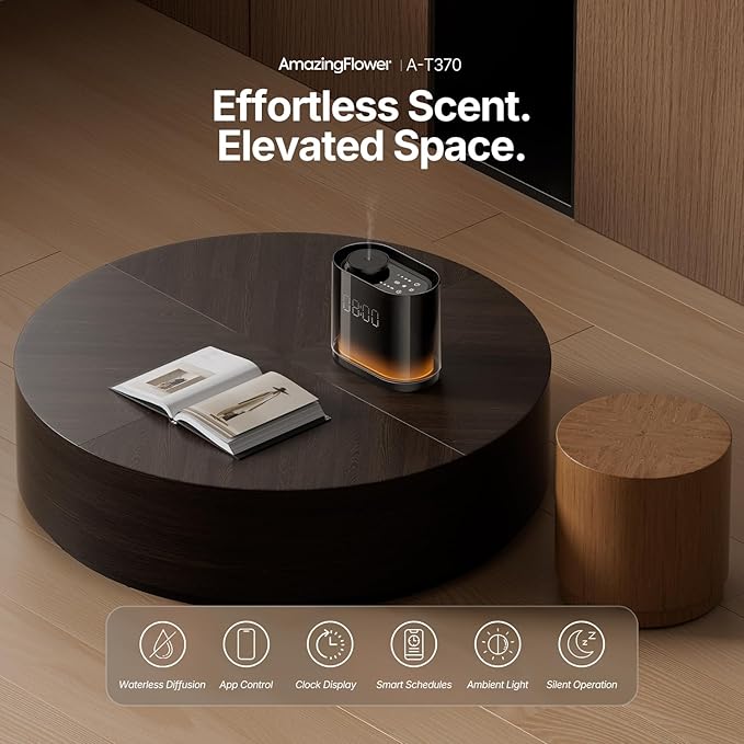 Smart Waterless Essential Oil Diffuser with 4 Hotel‑Inspired Oils | Touch & App Control, Light, Clock & Schedule – Corded Electric Air Scent Diffuser Starter Kit for Home Office