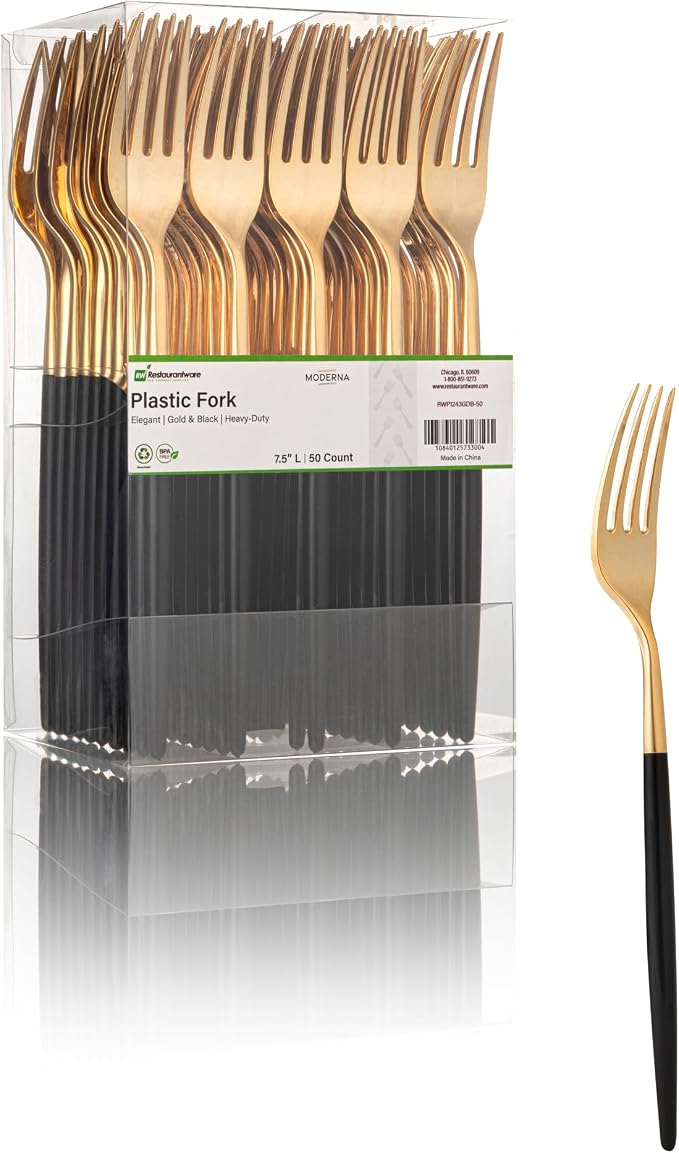 Restaurantware-Moderna 7.5 Inch Fancy Flatware, 50 Durable Plastic Flatware - With Black Handle For Grip, Heavy-duty, Gold Plastic Forks, Easily Disposable Or Restaurants