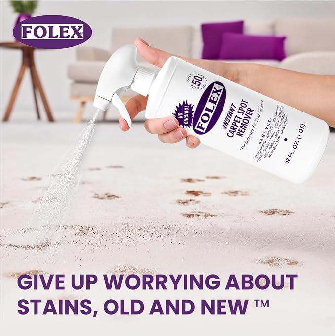 FOLEX Instant Carpet Spot Remover 32 oz – Powerful Stain Remover for Carpets, Upholstery & Rugs – Eliminates Pet Stains, Grease, Red Wine, Food, Makeup & More – With Reusable Cleaning Cloth - 6 Pack