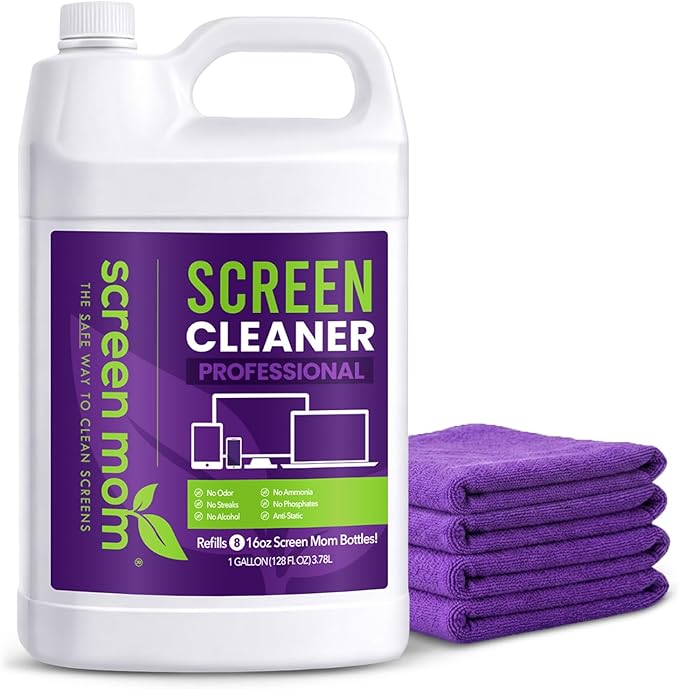 Screen Mom Cleaning Kit - 1 Gallon Screen Cleaner Spray Refill and 4 Pcs Purple Microfiber Cloth, TV Cleaner Spray and Cloth Set for Laptop, Phone, iPad, Car and Computer Cleaning Kit Electronic