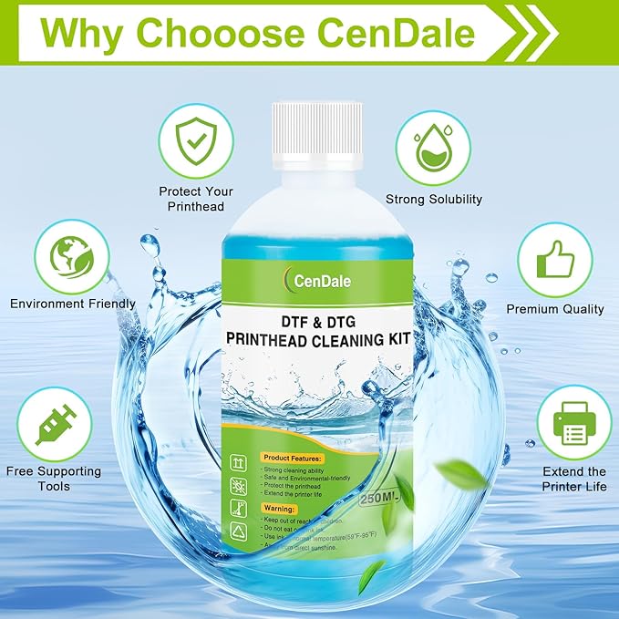 CenDale DTF Cleaning Kit - 250ML DTF Printer Cleaning Solution, Universal Print Head Cleaner Kit for Any DTF & DTG Printers, Print Head DTF Cleaning Solution for Epson ET8550 L1800 XP600 Ink Printer