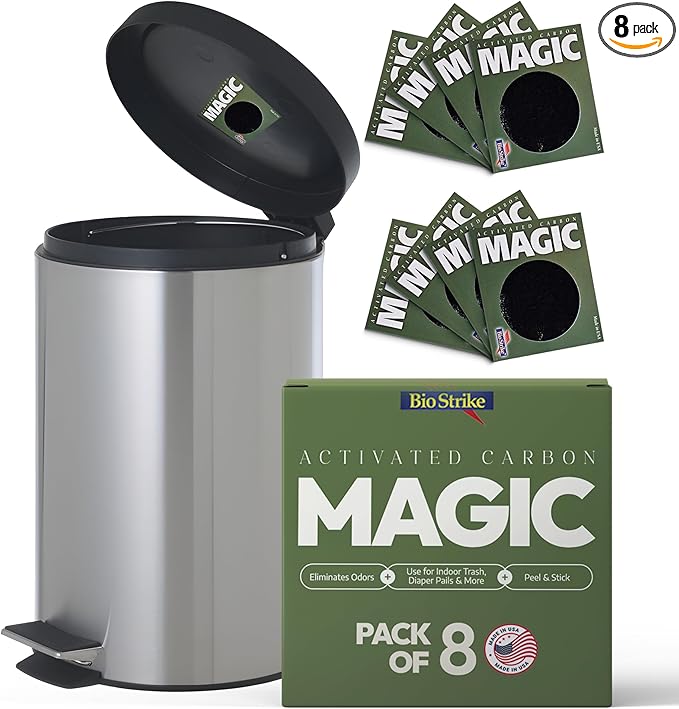 Trash Magic Activated Charcoal Trash Can Odor Eliminator - Peel & Stick Garbage Can Deodorizer - Air Freshener for Fridge, Compost, Drawers & Diaper Pails - Lasts 4 Months - Made in USA (8 Pack)