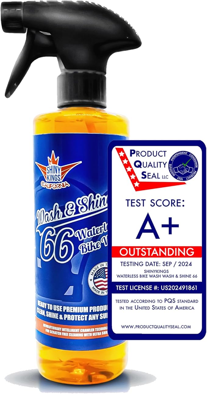 Shinykings Motorcycle Cleaner Wash&Shine 66 | WATERLESS BIke Wash with Ultra Shine Finish | Powerful Motorcycle Detailing Spray for All Surfaces | Bike Cleaner California | 16fl.oz