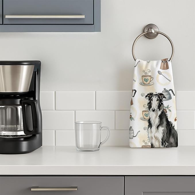 Caroline's Treasures Black and White Borzoi Coffee Bar Kitchen Towel Velour Plush Front and Cotton Loop Back Machine Washable
