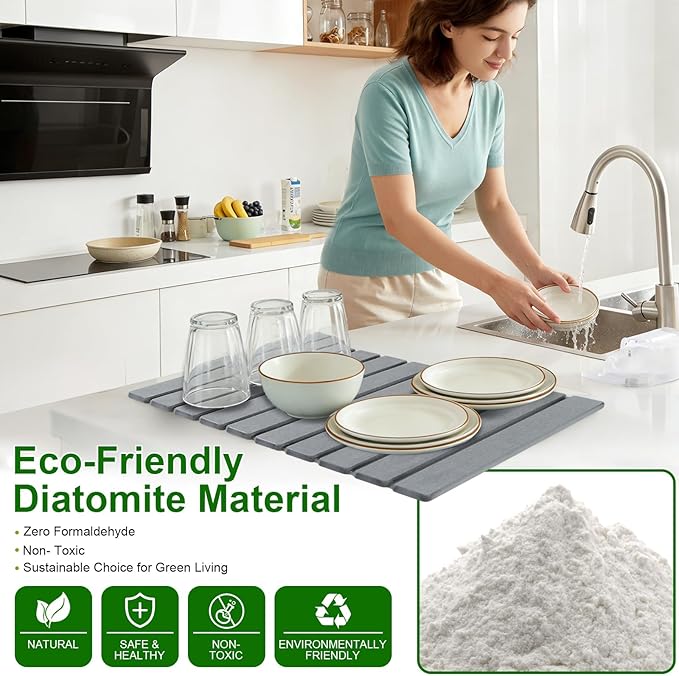 Large Stone Drying Mat for Kitchen Counter, Collapsible Stone Dish Drying Mats, Water Absorbing Diatomaceous Earth Drying Stone for Kitchen Counter, Kitchen Dish Drying Stone Mat, 24"×16" (White)