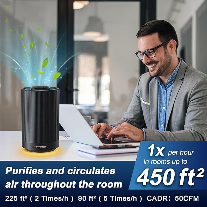 Small Air Purifiers for Home Bedroom Coverage 450 sqft, 22 dB Quiet Air cleaner with Brushless Motor, for 99.97% Dust Smoke Odor Pollen Pets Hair Dander, Night Light, JF100 Black