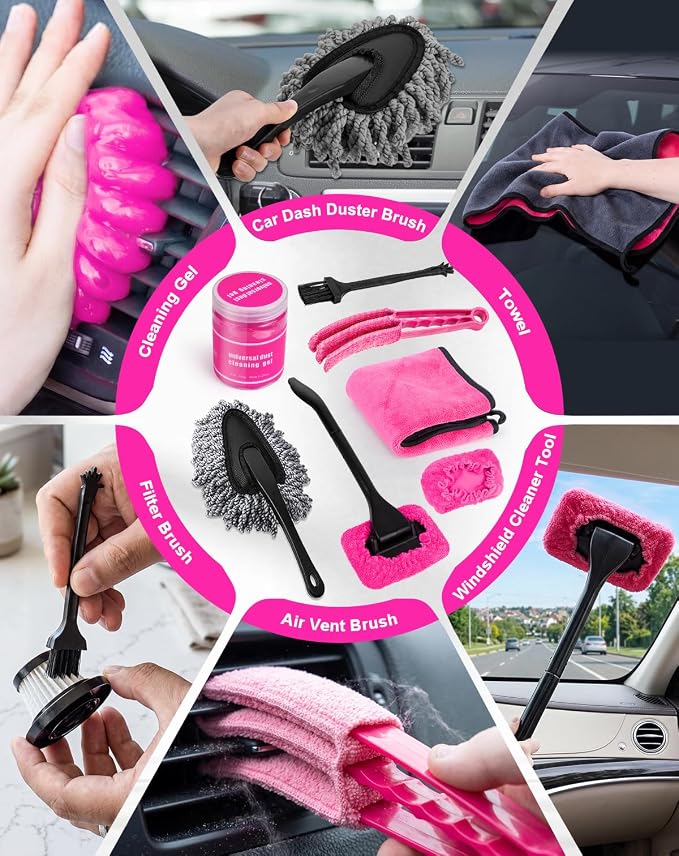 ThinkLearn 27pcs Car Cleaning Kit, 4-in-1 12000Pa Cordless Mini Handheld Vacuum Cleaner & Air Duster, Portable Pink Car Detailing Kit with Interior Accessories for Car, Home, Office, Gift for Women