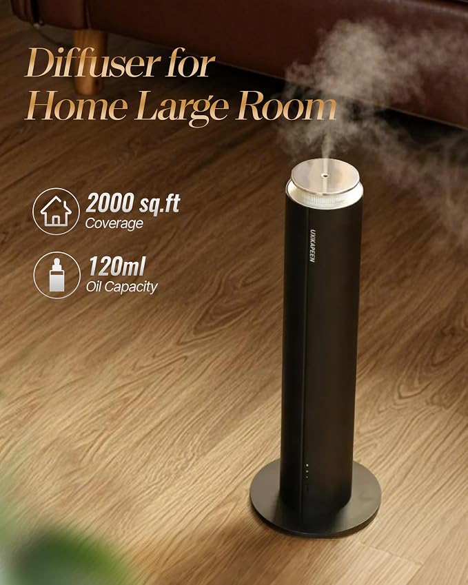 Diffusers for Home Large Room,Waterless Essential Oil Diffuser with 2000 Sq.Ft Coverage,Cordless Battery Operated Diffuser,Hotel Scent Diffuser Starter Kit Tech 120ML for Bedroom/Office/Spa/App, Black