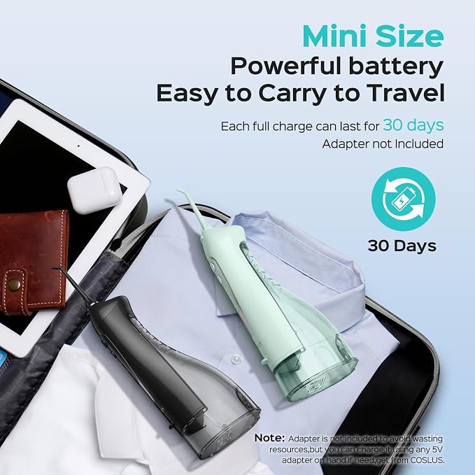 COSLUS ADA Accepted Water Dental Flosser Teeth Pick C20: Portable Cordless Oral Irrigator 300ML Rechargeable Travel Irrigation Cleaner IPX7 Waterproof Electric Flossing Machine, 2PCS, Black & Green