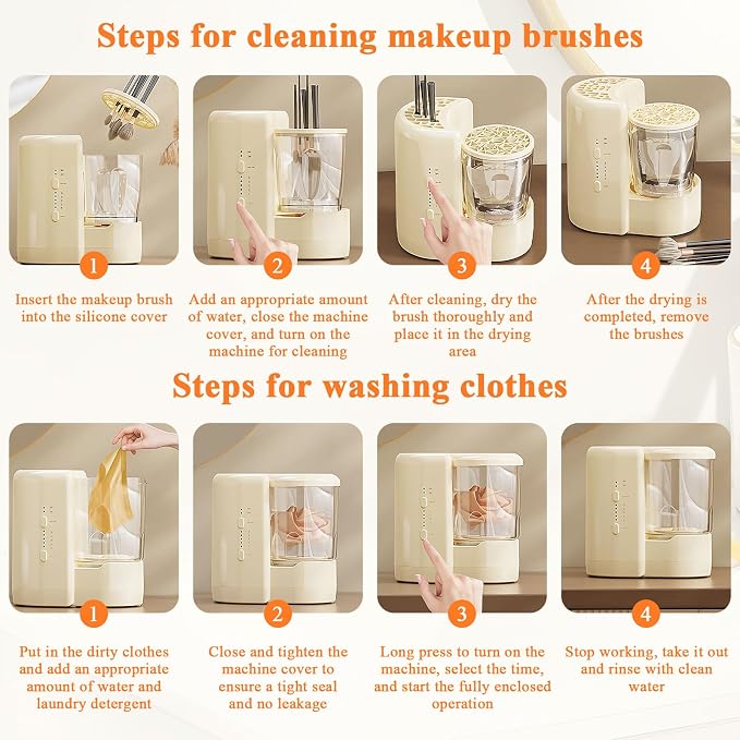 3-in-1 Electric Makeup Brush Cleaner & Mini Underwear Washing Machine & Makeup Brush Air Dryer with 2 Containers, Suitable for Cleaning Beauty Makeup Brush Set, Underwear and Socks, Beige