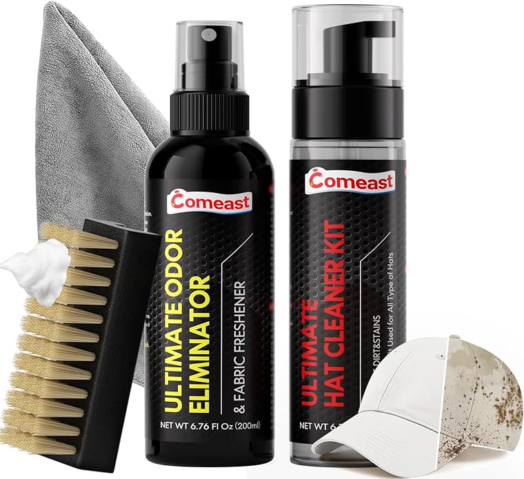Hat Cleaner Kit,Ready-To-Use Foam,Quick Drying for Cleaning Baseball Caps of All Materials Cotton,Wool,Leather,Felt and More Cleans 50+ Hats (Cleaner 6.76oz+Deodorizer 6.76oz,Towel,Brush)