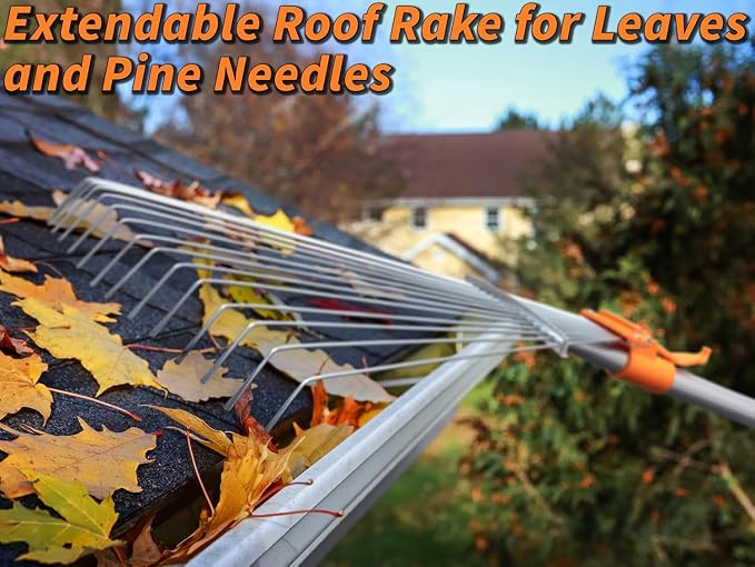 4-12 ft Telescoping Roof Rake 20 ft Reach // Collapsible Roof Rake for Leaves and Pine with Extension Pole // Roof Cleaning Tool for Gardening and Lawns // High Reach Adjustable Metal Leaf Raker