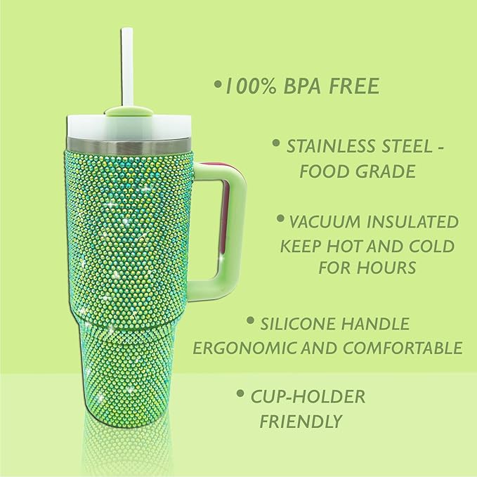 40oz Bling Tumbler with Handle and Straw Lid Rhinestone Studded Tumbler Cups Vacuum Insulated Stainless Steel Double Wall Water Bottle Travel Mug Gifts for Women Her (Green)