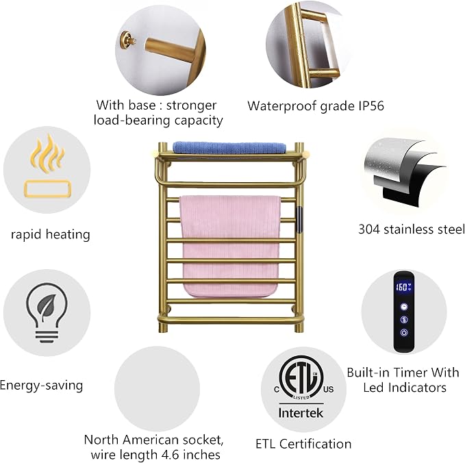 Heated Towel Racks for Bathroom Gold, Gold Towel Warmer Rack Wall Mounted with Top Shelf, Timer & Temperature Control Electric Towel Drying Rack (14 Bars with Top Shelf Brushed Gold A, Plug-in)