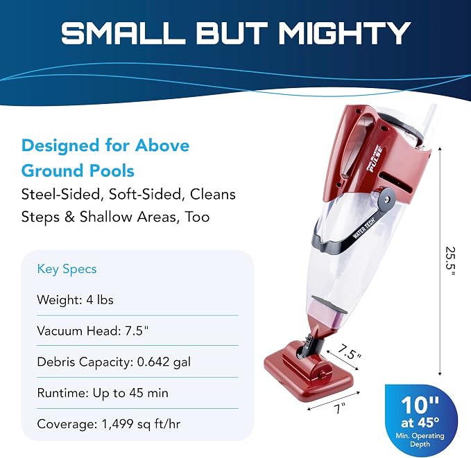 POOL BLASTER Pulse Cordless Pool Vacuum for Above Ground Pool - American-Engineered Hoseless Vac with XL Debris Chamber & 45" Pole - Rechargeable Cleaner with 7.5" Head & 45 Min Runtime