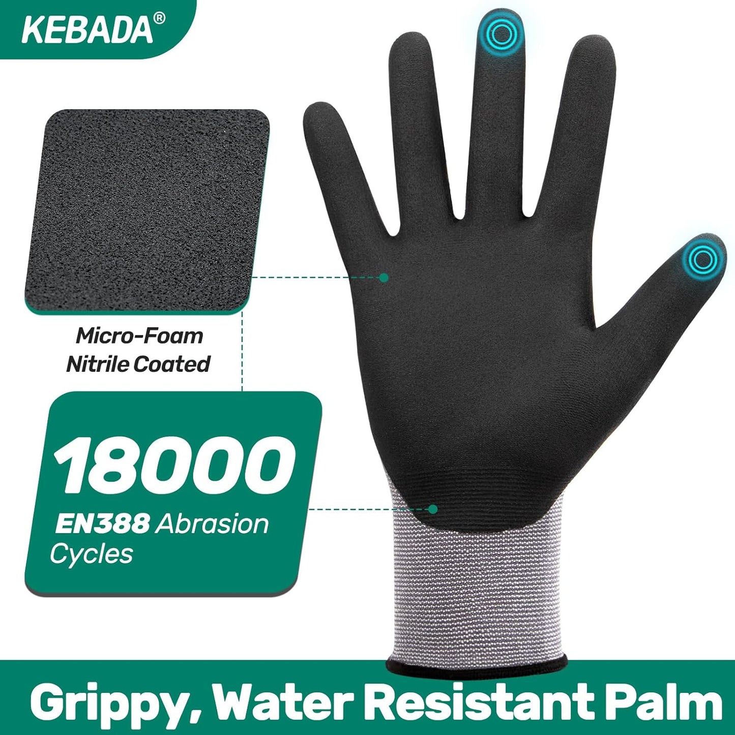 Kebada W2 Safety Work Gloves, Micro-Foam Nitrile Coated Gloves, Touchscreen,Ideal for Package Handling, Gardening, Construction, 1 Pair XX-Large