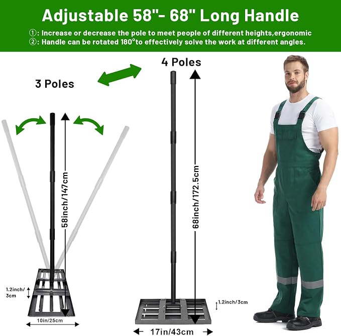 Lawn Leveling Rake 17"x10",Lawn Leveling Tool with 68" Long Adjustable Stainless Steel Handle for Leveling Soil,Grass,Sand or Dirt,Heavy Duty Lawn Leveler for Backyard,Garden,Golf Course,Farm,Pasture