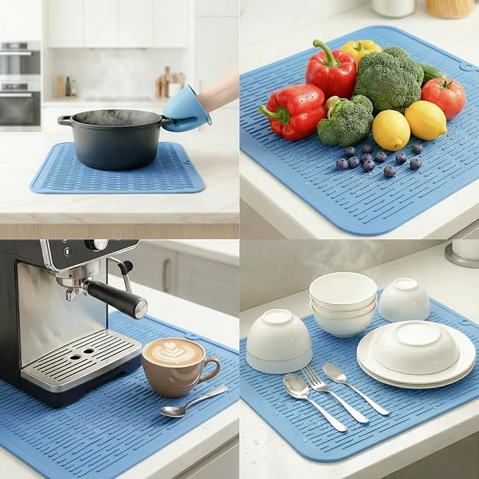 MicoYang Silicone Dish Drying Mat for Multiple Usage,Easy clean,Eco-friendly,Heat-resistant Silicone Mat for Kitchen Counter or Sink,Refrigerator or Drawer Liner Light Blue XL 18 inches x 16 inches