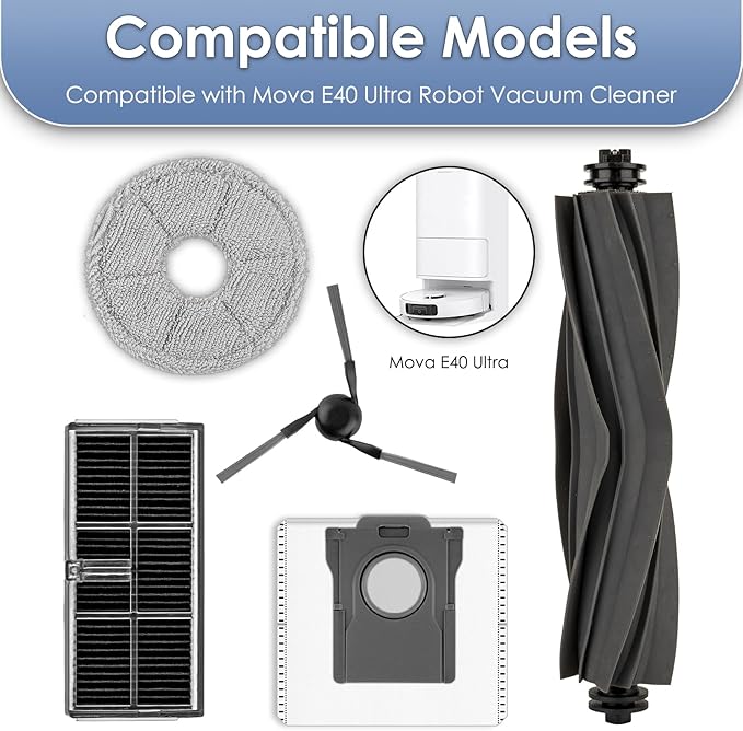 (22 Pack) E40 Ultra Replacement Parts Compatible with Mova E40 Ultra Robot Vacuum Cleaner, 2 Roller Brushes, 6 Mop Pads, 4 HEPA Filters, 4 Dust Bags, 6 Side Brushes, Accessories Kit