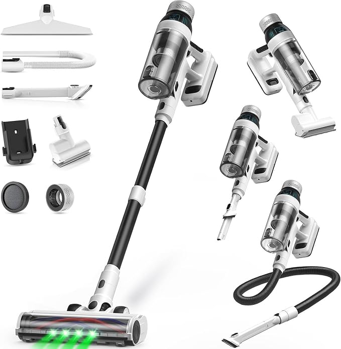 Cordless Vacuum Cleaner, 55Mins Vacuum Cleaners for Home, 15-in-1 Self-Standing Stick Vacuum with LED Light, Anti-Tangle & Wall Mount Charge, Lightweight Vacuum for Hard Floors Carpets Pet Hair
