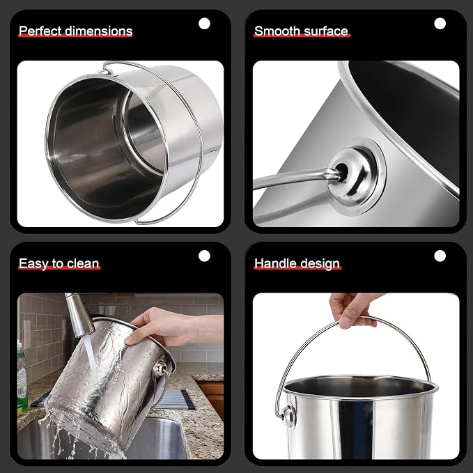 Hsei 2 Pcs Stainless Steel Bucket for Pet Cleaning, 1.3 Gallon Metal Bucket Water Pail with Handle for Fence Kennel Cage Garage Garden Workshop