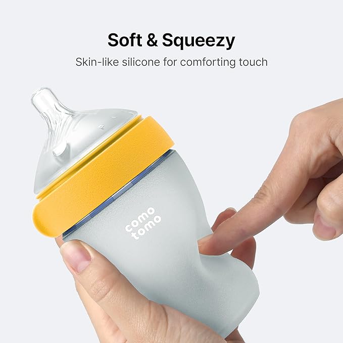 Silicone Baby Bottle Feeding Bundle – Comotomo Gen 2 8oz Anti Colic Baby Bottle Set (Yellow) + Fast Flow & Variable Flow Replacement Nipples – Breast Like Silicone Bottle System