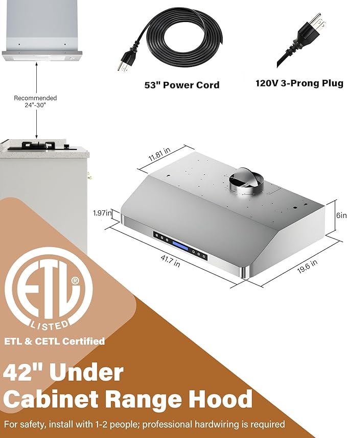 42 inch Stainless Steel Under Cabinet Range Hood - 900 CFM, Ultra-Quiet 4-Speed Vent, Touch/Remote Control LCD, LED Lights, External Venting