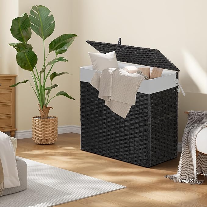 Greenstell Laundry Hamper with Lid, 125L Wicker Laundry Baskets with 2 Removable Liner Bags & 5 Mesh Laundry Bags, Handwoven Rattan Clothes Hamper with Handles for Clothes in Bathroom, Bedroom
