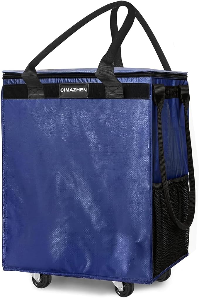 (Medium,Blue) Reusable Grocery Bag on 4 Wheels, 70L Foldable Rolling Tote Bag with 3 Handles and Zipper, Rolling Shopping Cart for Groceries, Storage, Laundry, Travel, Organizer, 76lb