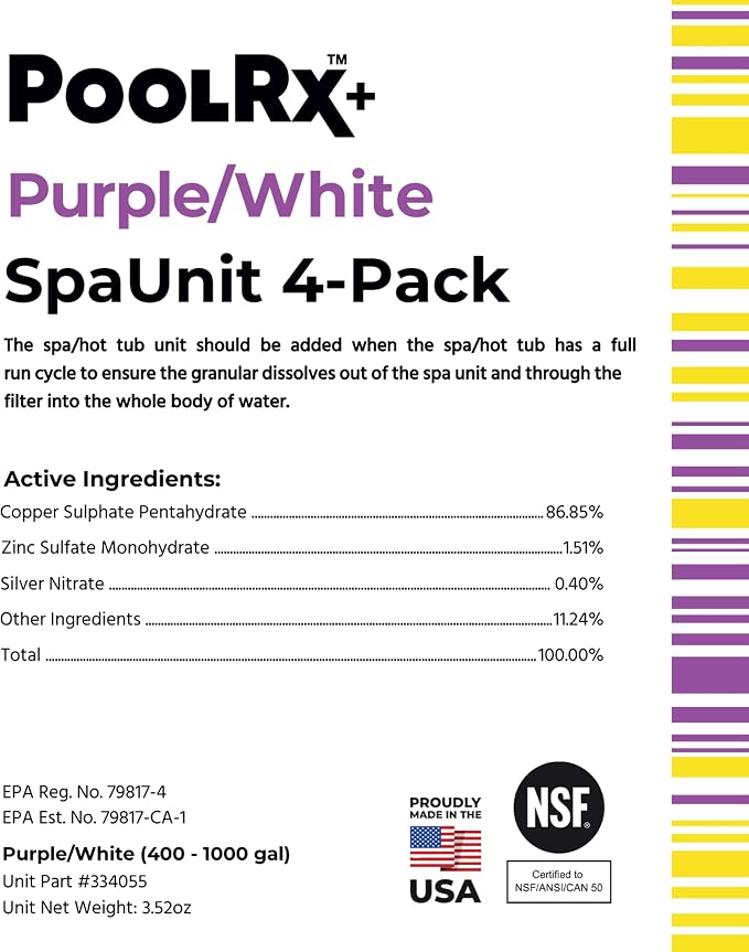 PoolRx+ Mineral Algaecide 4-Unit Pack, up to 6-Month Algae Control, for 400-1,000 gallons, Purple & White, New Formula with Silver.